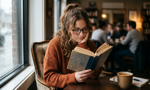 Frau liest Buch im Cafe